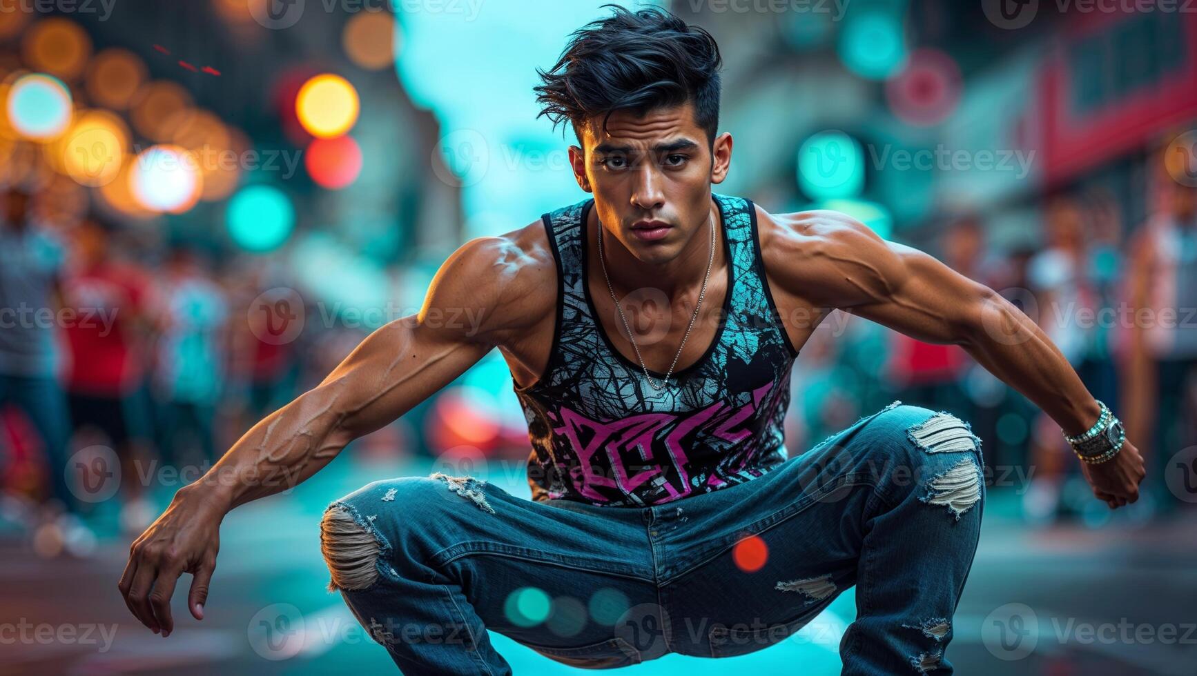 Young man showcases athleticism through a striking pose in an urban street setting at dusk photo