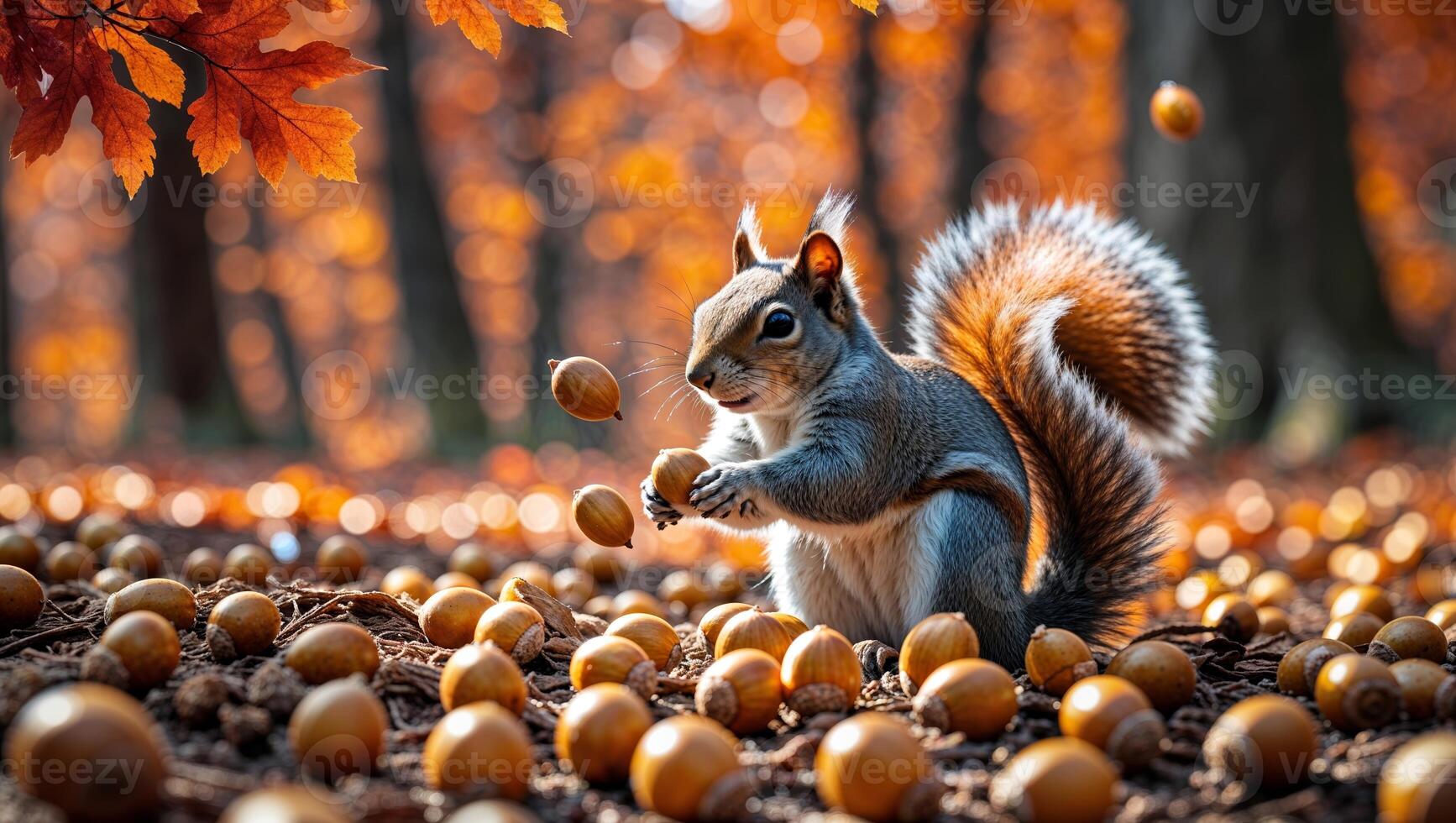 Squirrel foraging acorns in a vibrant autumn forest during the golden hour photo