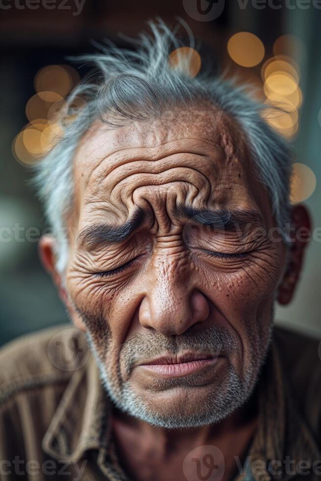 Elderly man with deep wrinkles reflecting emotion in a softly lit setting photo