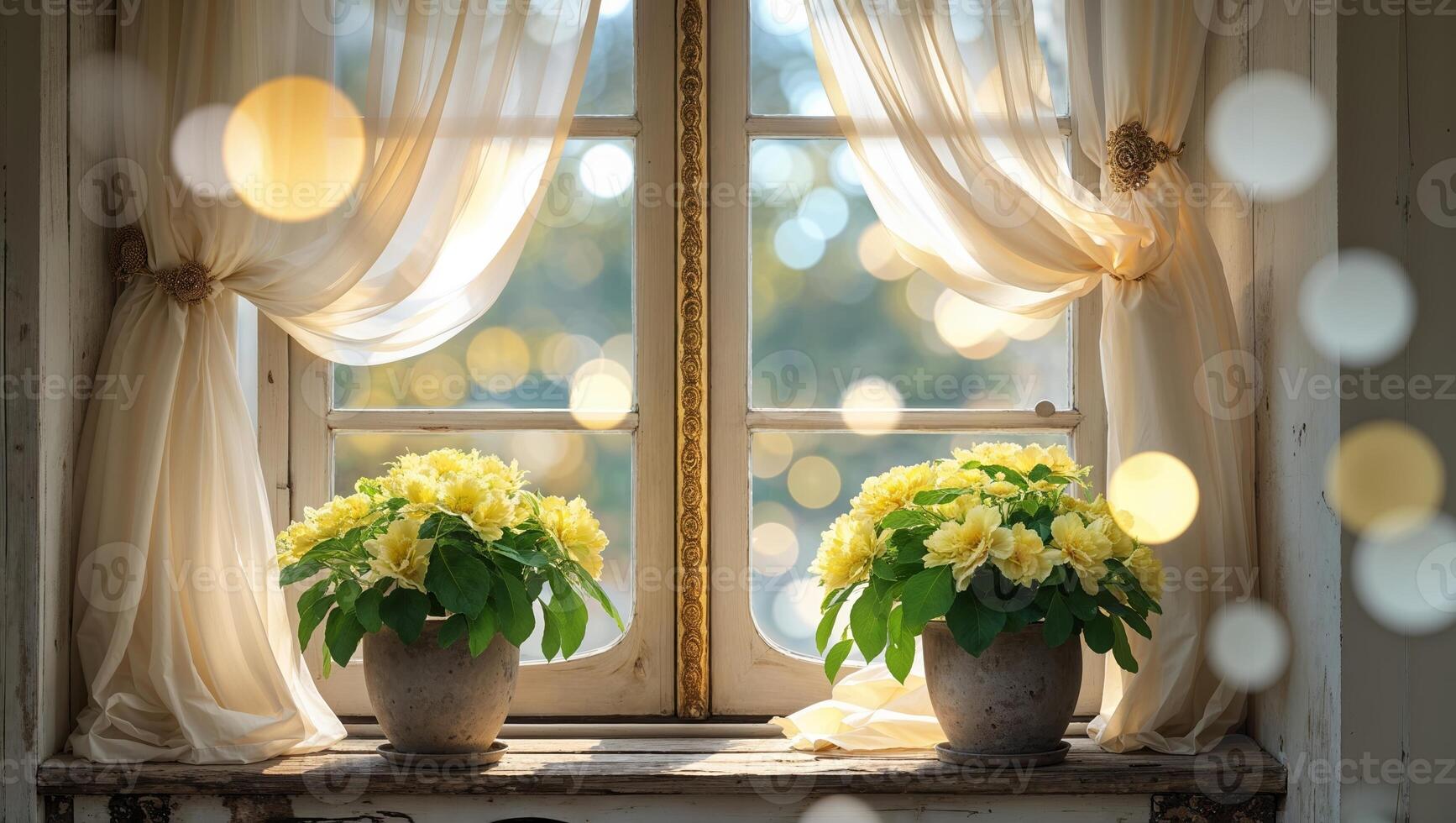 Bright yellow flowers in pots beside a sunlit window with flowing curtains during a peaceful morning photo