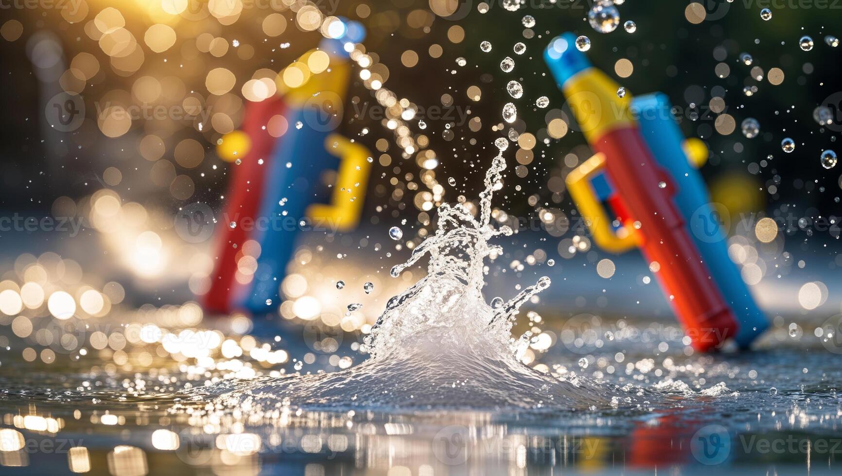 Colorful water guns create splashes during a sunny summer day at the park with sunlight reflecting off the water droplets photo
