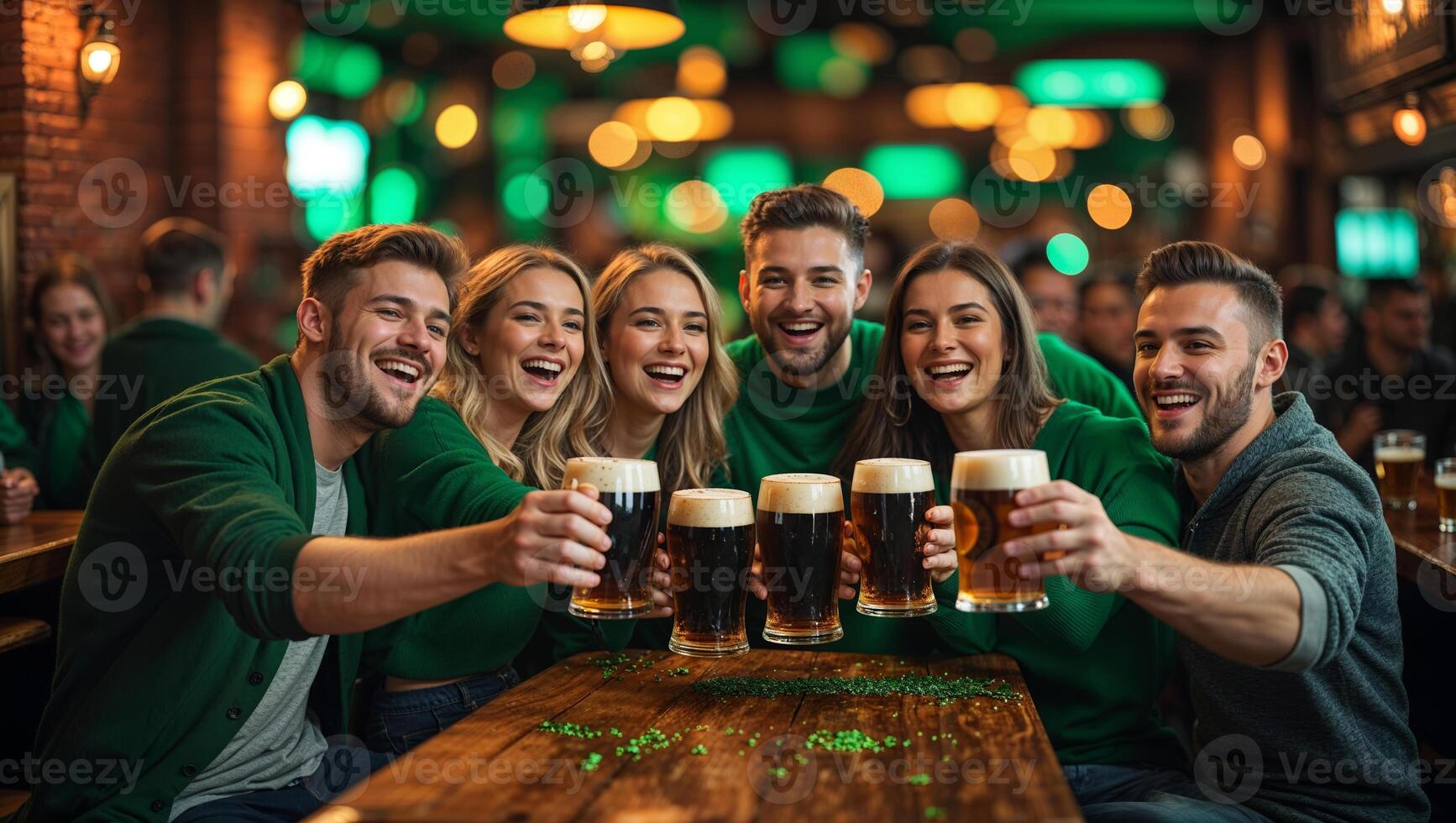 Friends celebrating St. Patrick's Day at a lively pub with drinks in hand during an evening gathering photo