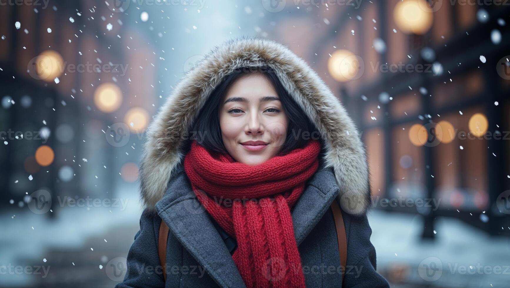 Smiling woman in warm coat and red scarf enjoying snowy day in urban setting with soft glowing lights photo