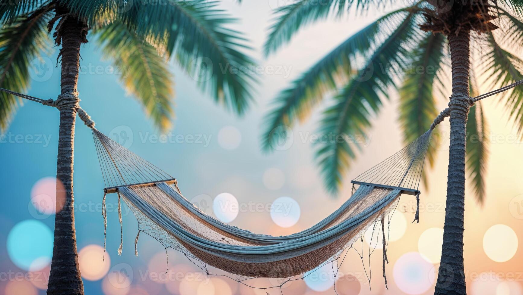 Relaxing hammock between palm trees on a calm evening with soft bokeh lights in the background photo