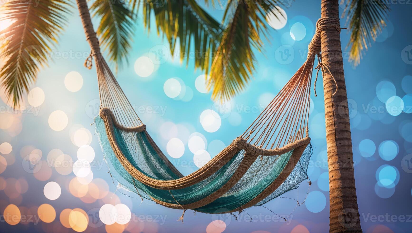 Hammock swaying gently between palm trees on a sunny day with a dreamy background of soft bokeh lights photo