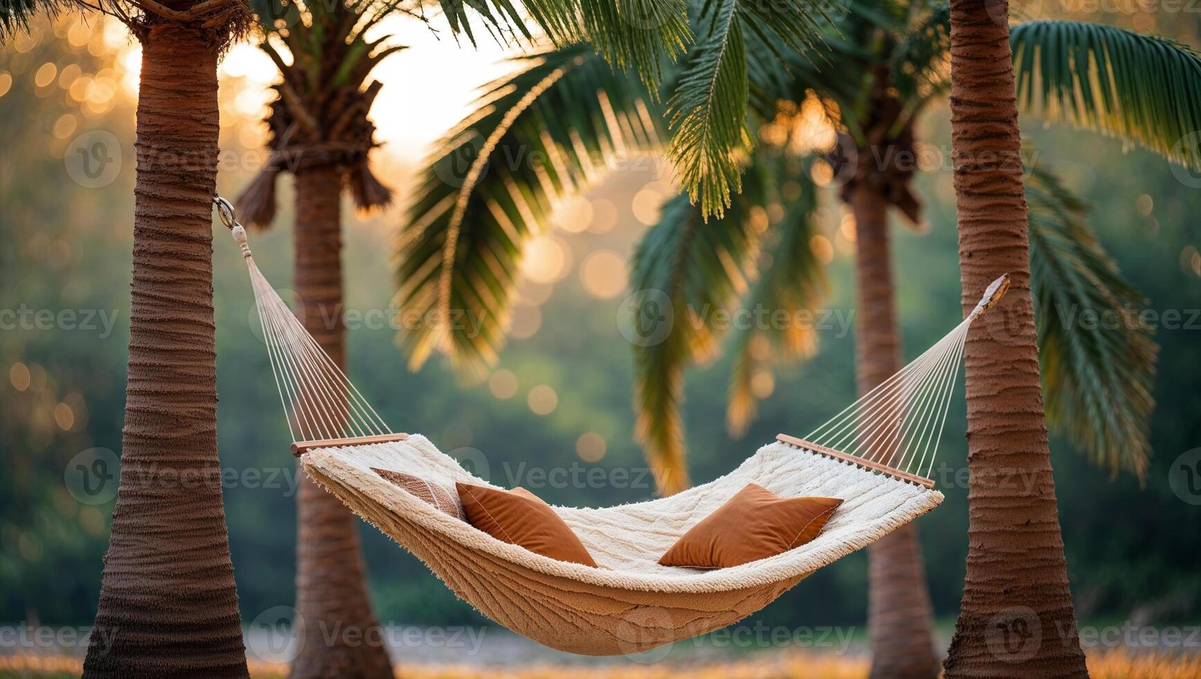 Cozy hammock strung between palm trees at sunset in a tropical paradise setting photo