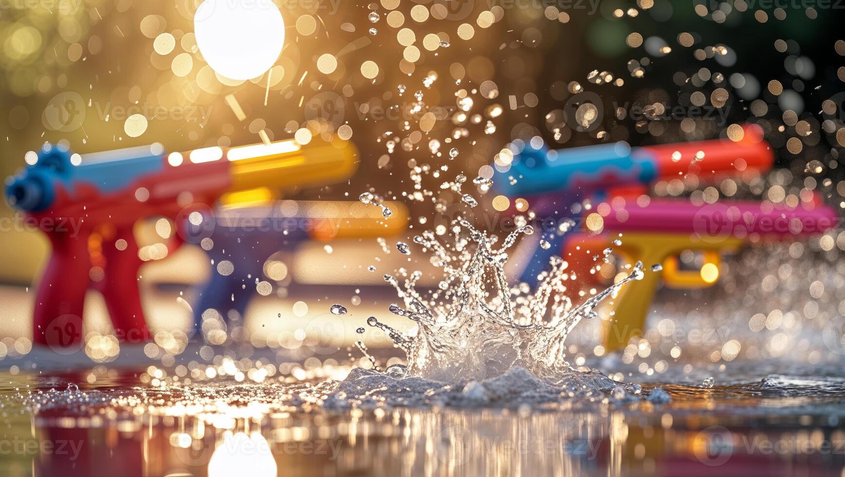 Colorful water guns create splashes in a sunlit backyard during a summer afternoon playtime session photo