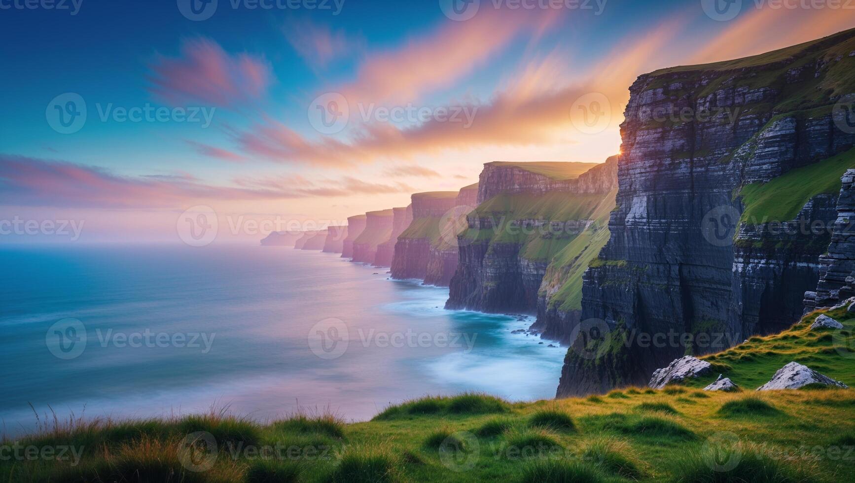 Cliffs rise majestically over tranquil ocean waters at sunset on a serene evening by the coast photo