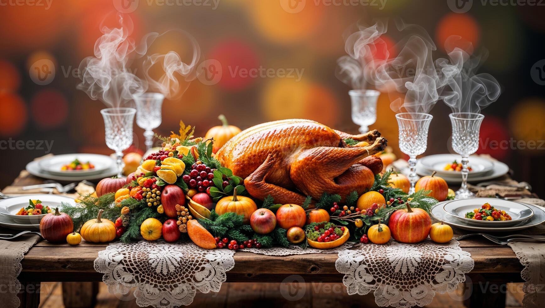 Thanksgiving feast featuring a roasted turkey surrounded by autumn fruits and decorations on a beautifully set dining table photo