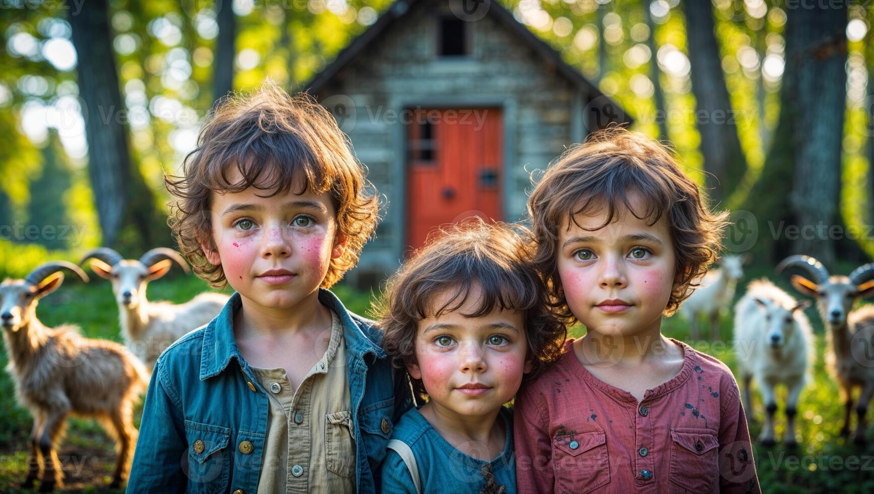 Three children with curly hair in a forest near a rustic cabin and goats during a sunny afternoon photo