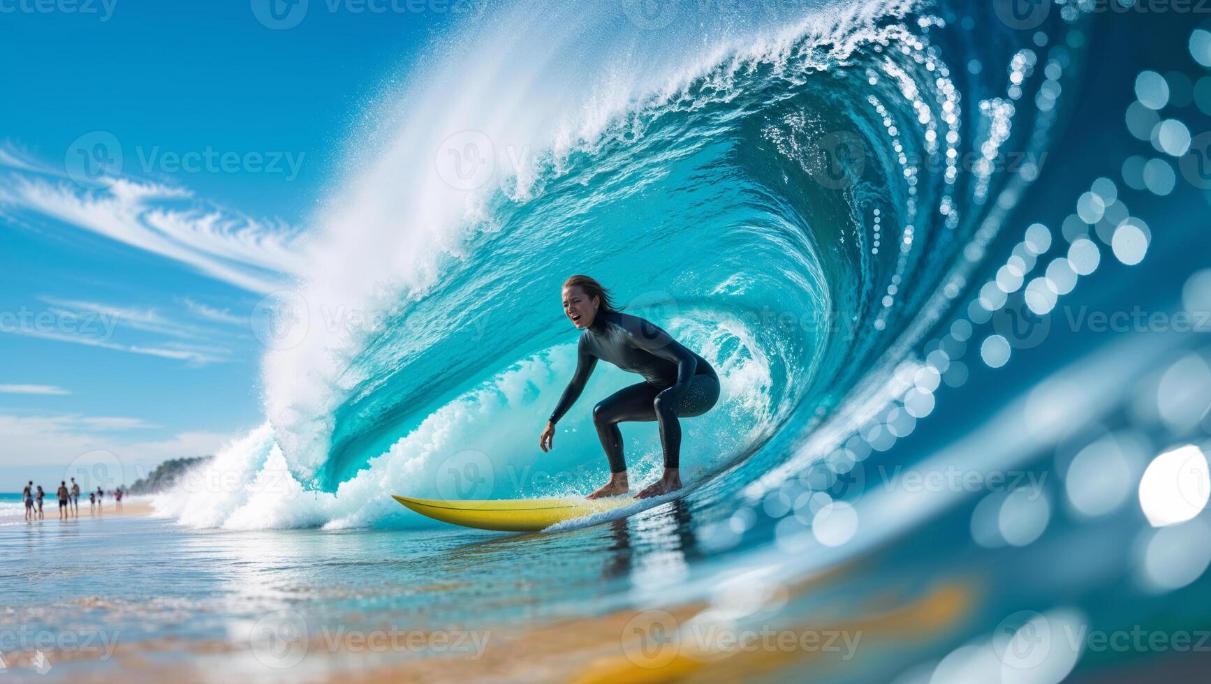 Surfer rides a powerful wave under a clear blue sky at a popular beach location photo
