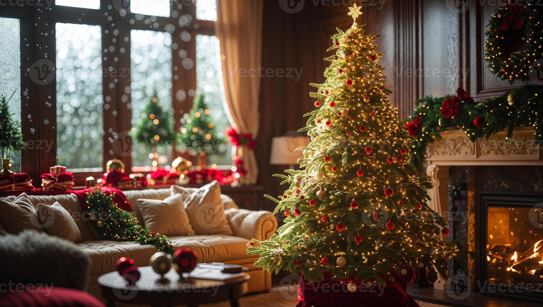 Cozy holiday living room with a beautifully decorated Christmas tree and festive decorations in the background photo