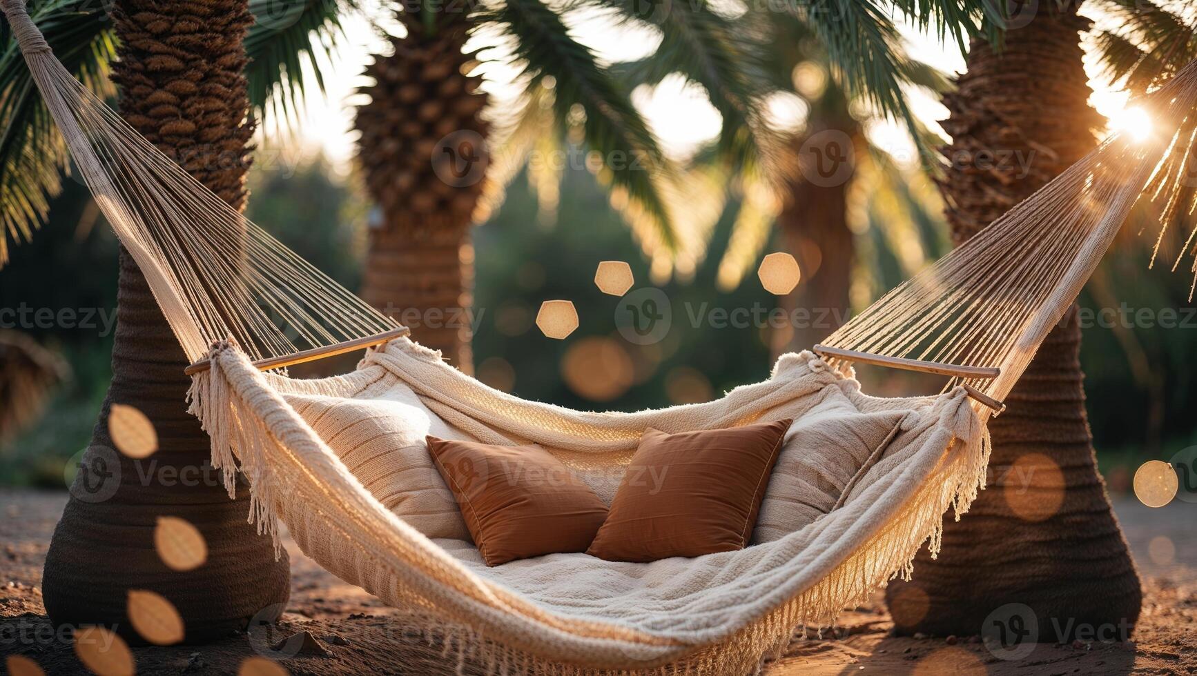 Relaxing hammock nestled among palm trees at sunset, inviting serene moments of leisure and tranquility in nature photo