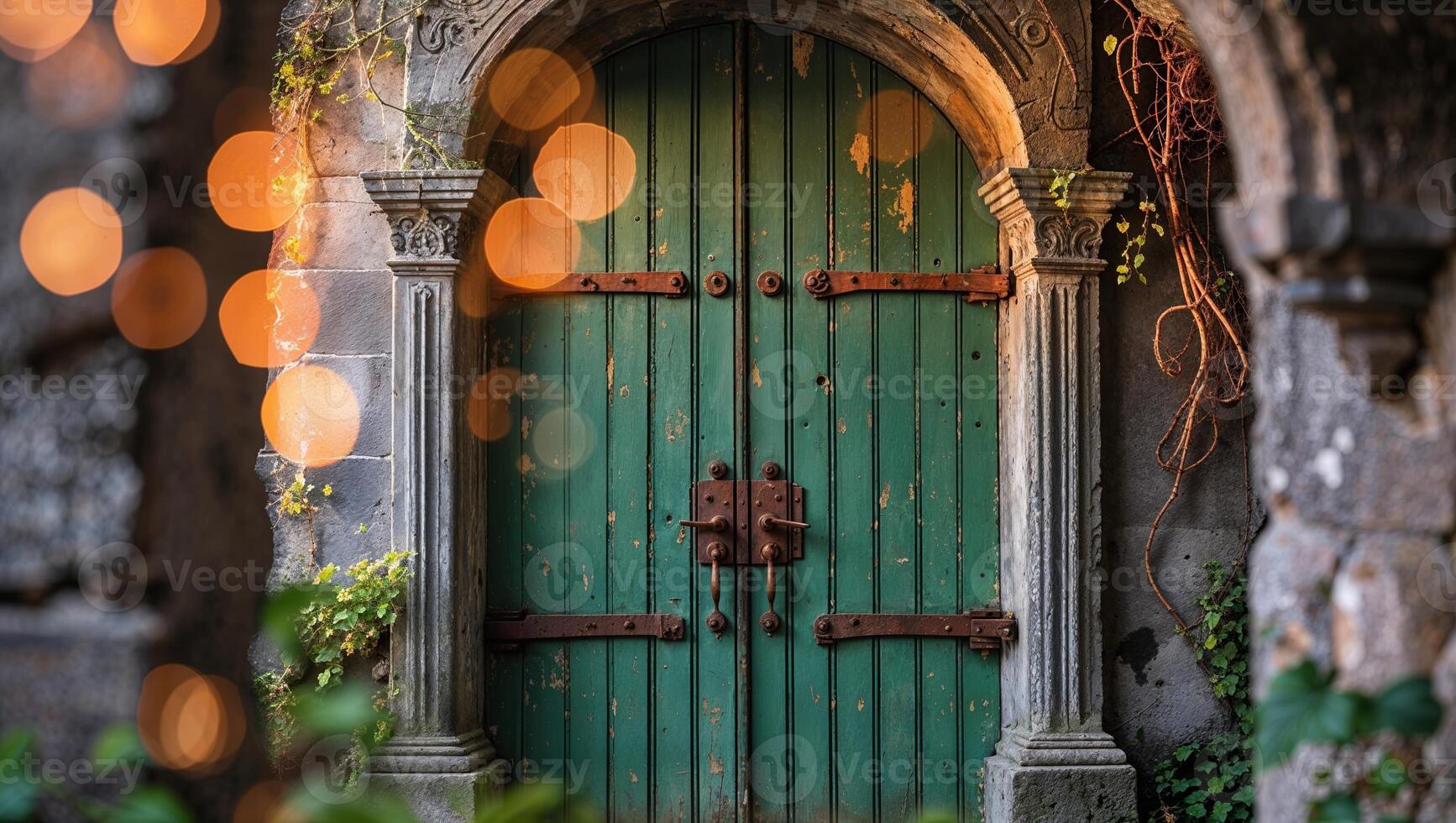 Beautifully weathered green door framed by stone archway in an enchanting garden setting at twilight photo