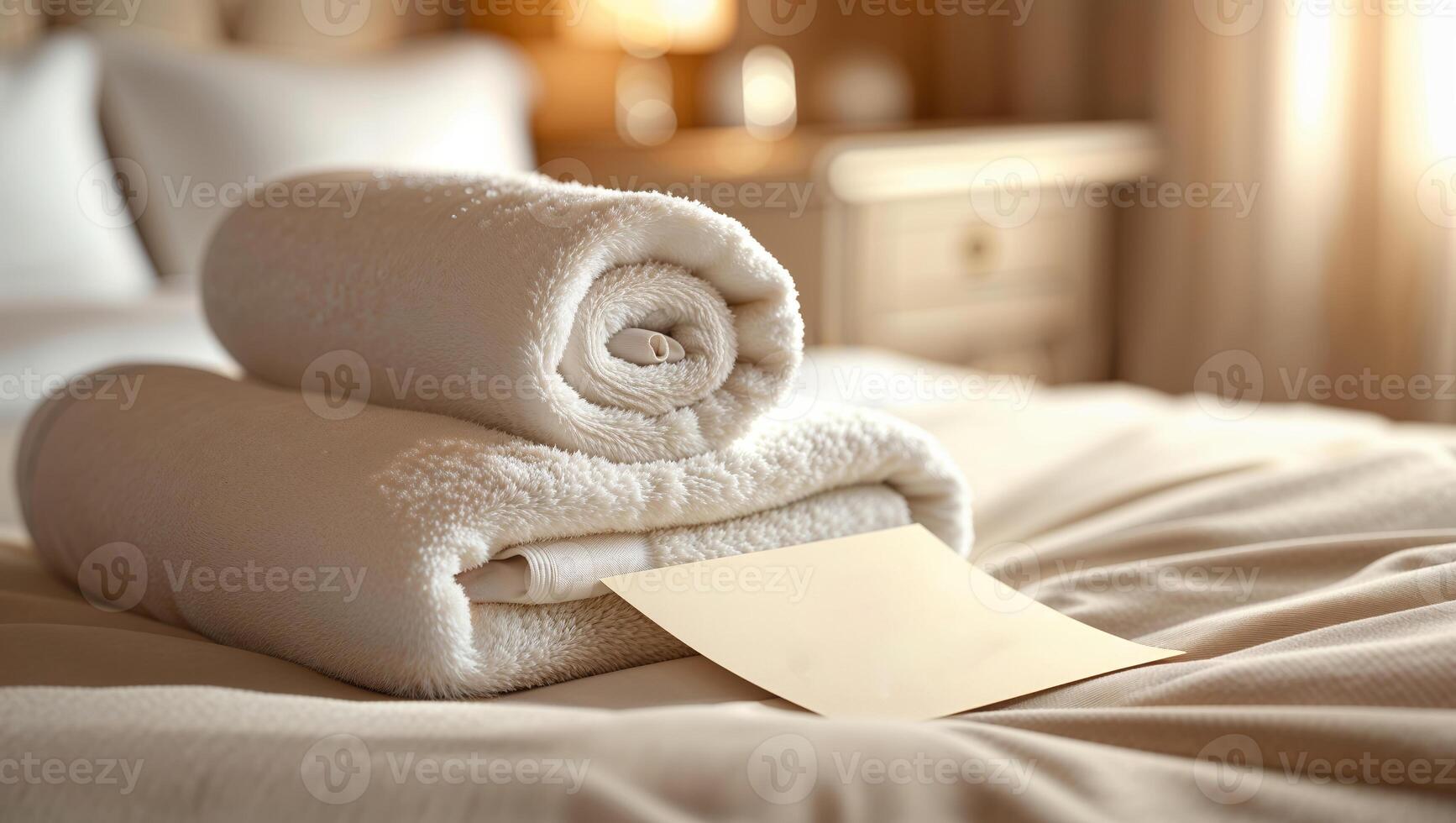 Luxurious rolled towels and a note on a neatly arranged bed in a cozy hotel room photo