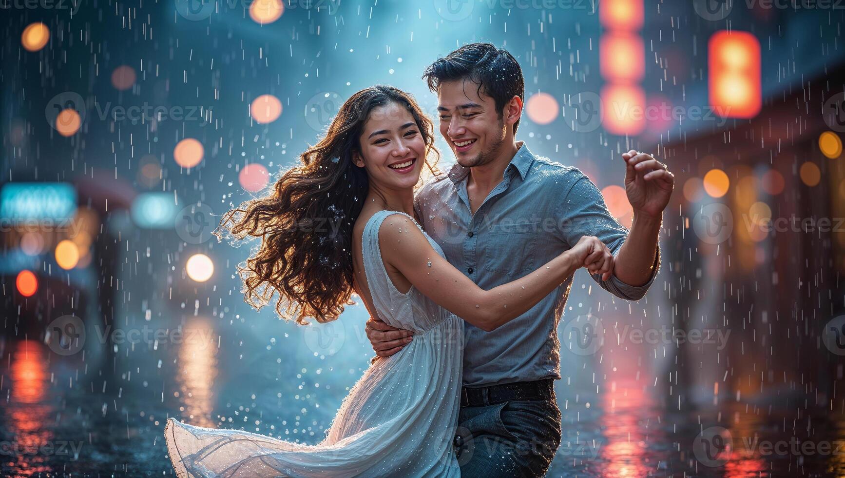 Couple dances joyfully in the rain on a vibrant city street during a warm evening photo