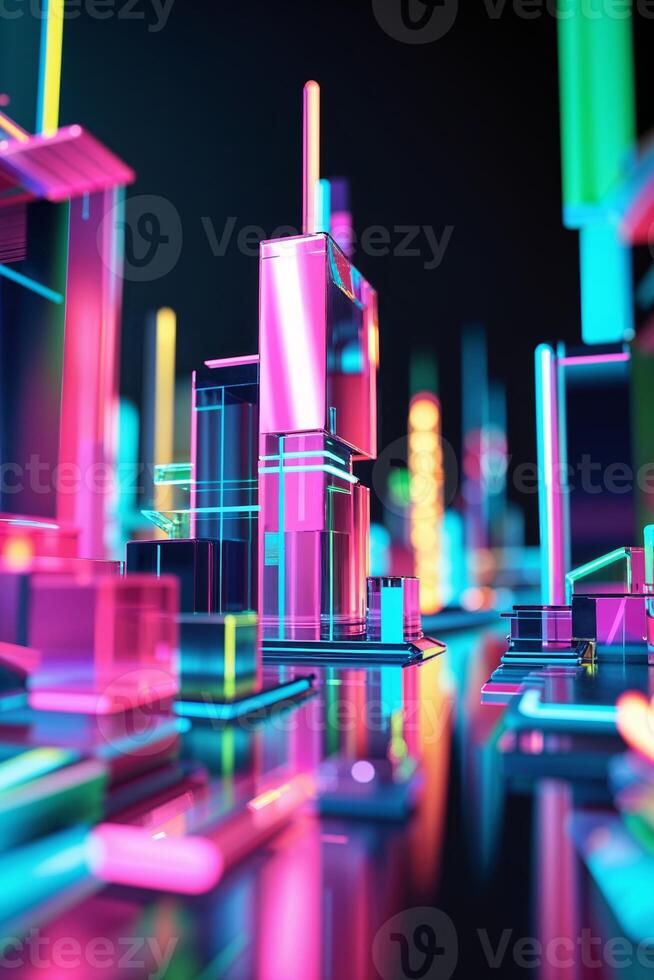 Vibrant neon cityscape with glowing geometric structures reflecting colorful lights at night photo