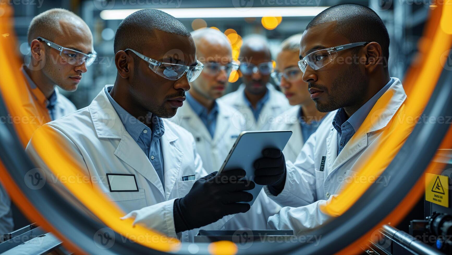 Workers collaborate in a high-tech facility to analyze data on a tablet during a quality control process photo