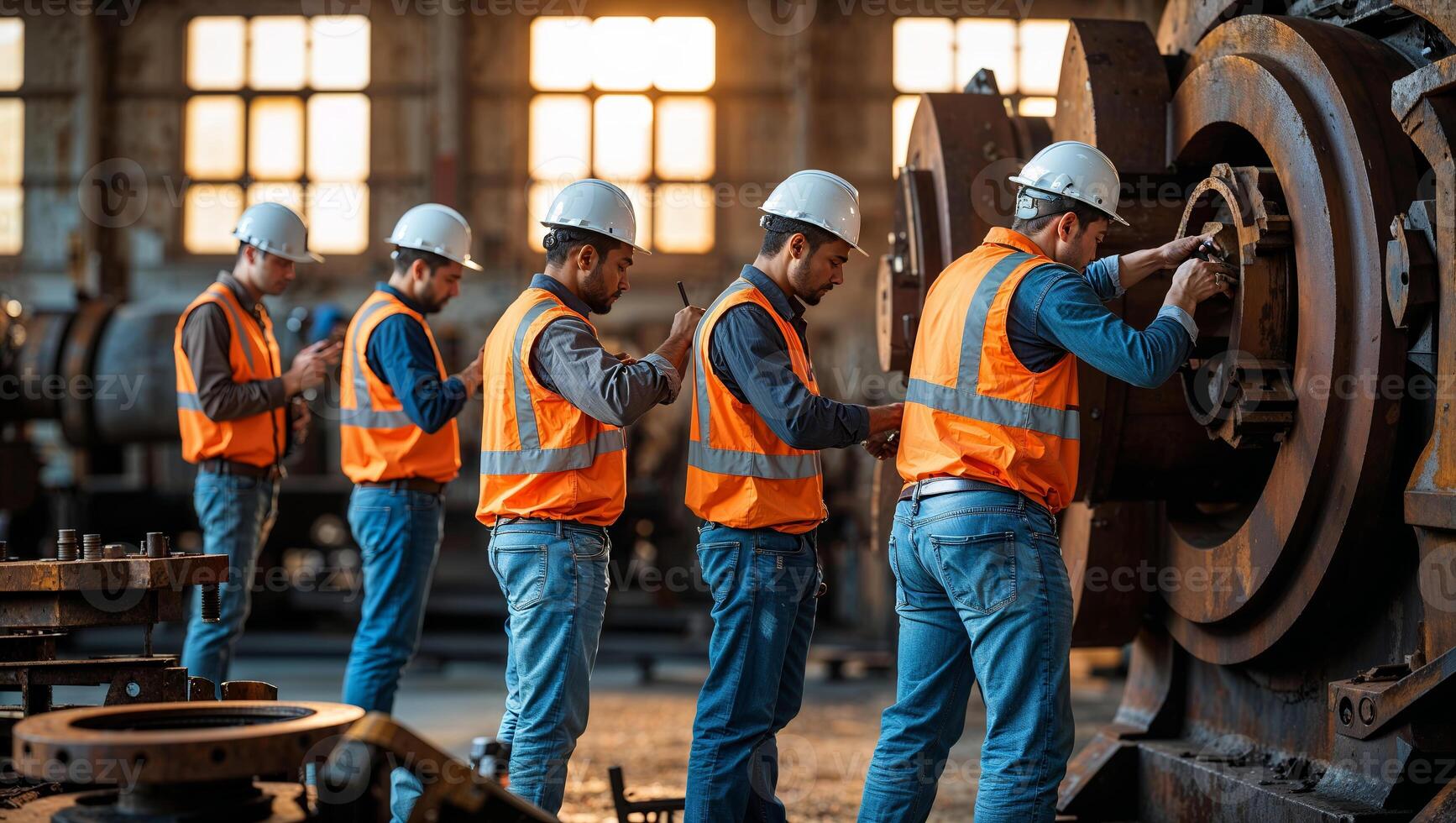 Team of workers in safety gear collaborating on machinery in an industrial setting during the late afternoon photo