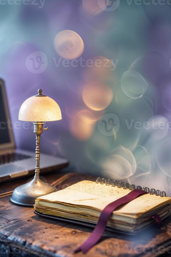Cozy workspace features a vintage lamp, an open notebook, and a laptop with a soft bokeh background in the evening light photo