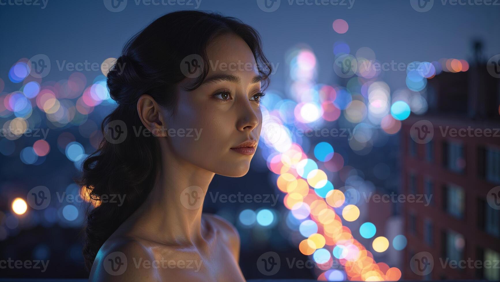 Woman gazing into the city skyline at night with colorful lights illuminating the background photo