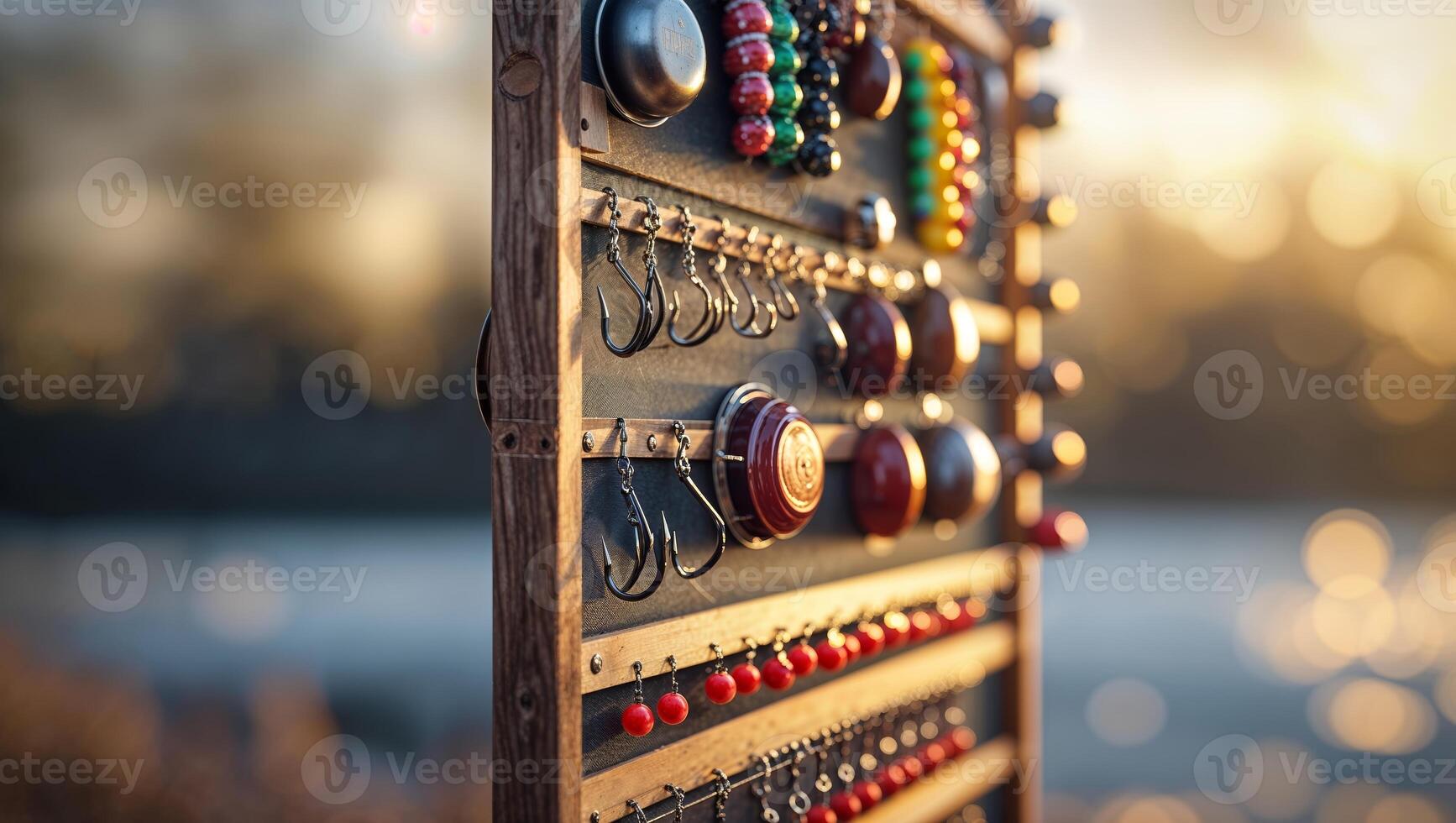Display of handcrafted jewelry during sunset at a lakeside market photo