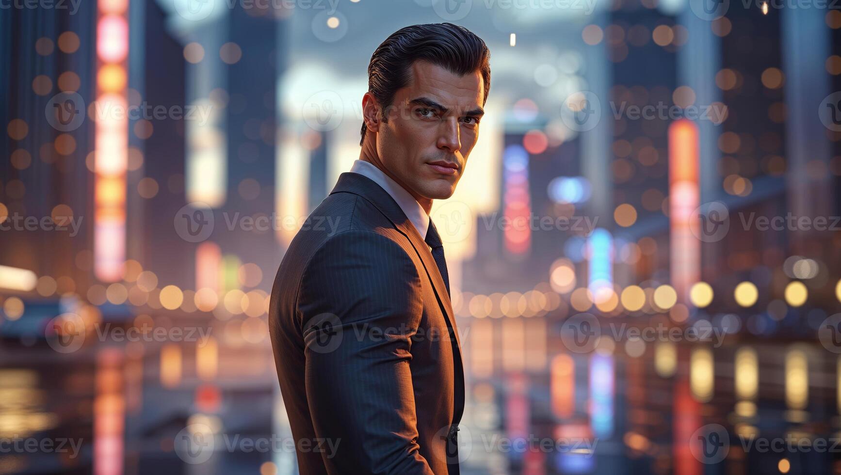 Tall man in a sharp suit stands confidently in a vibrant city at twilight photo