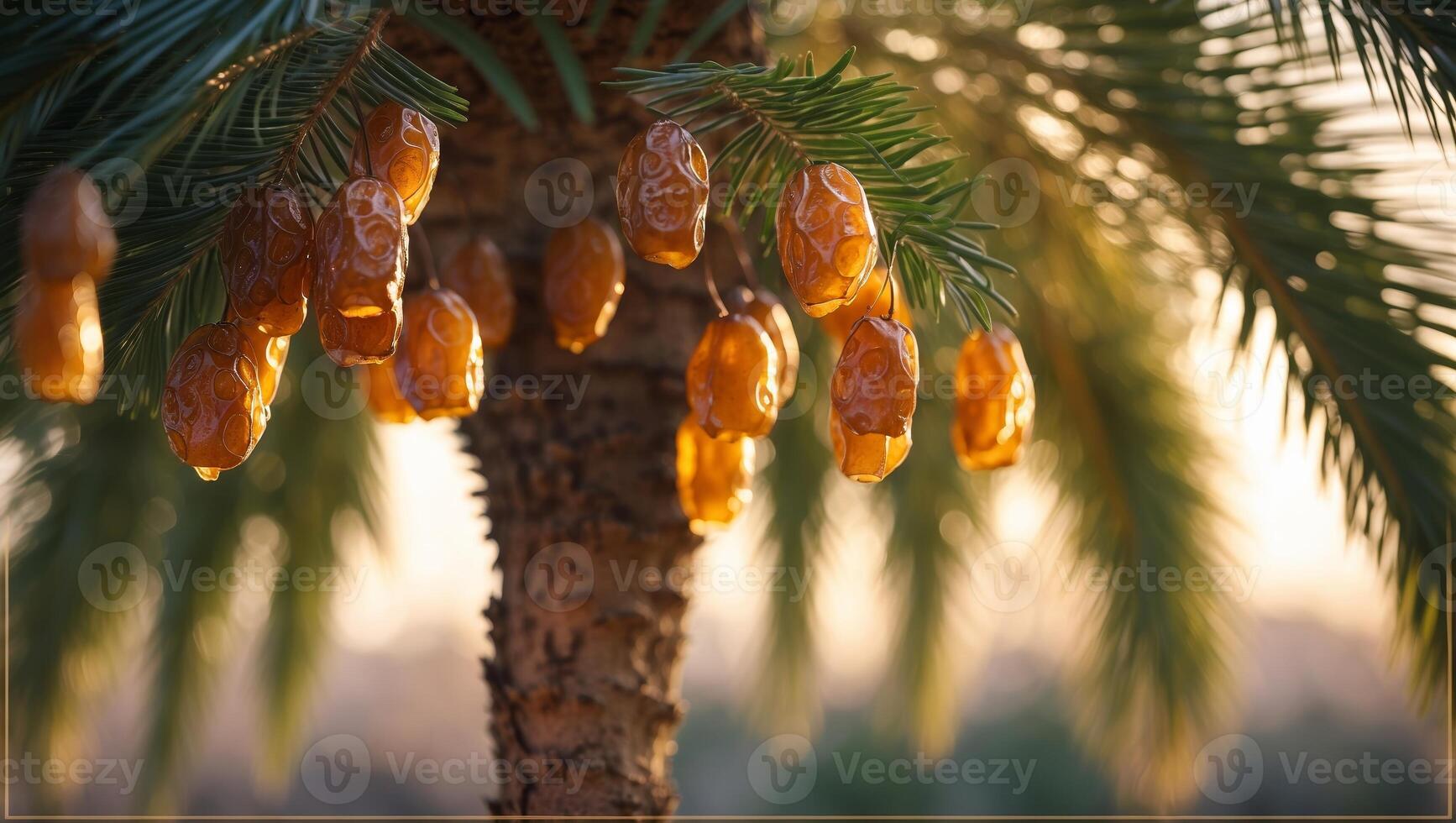 Date palm tree bearing ripe dates during sunset in a serene desert landscape photo