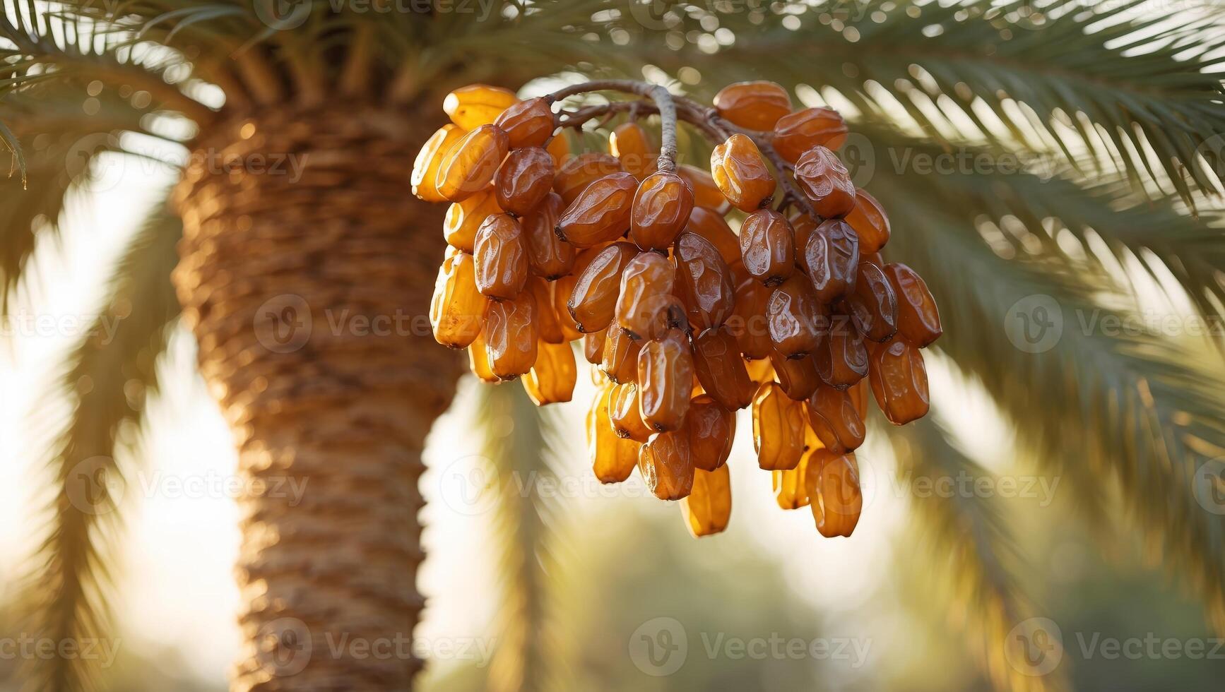 Dates hanging from a palm tree in a warm afternoon light in a lush garden setting photo