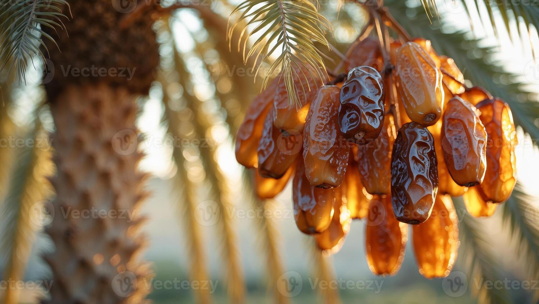 Sunlit dates hanging from palm tree branches in a serene orchard during the late afternoon photo