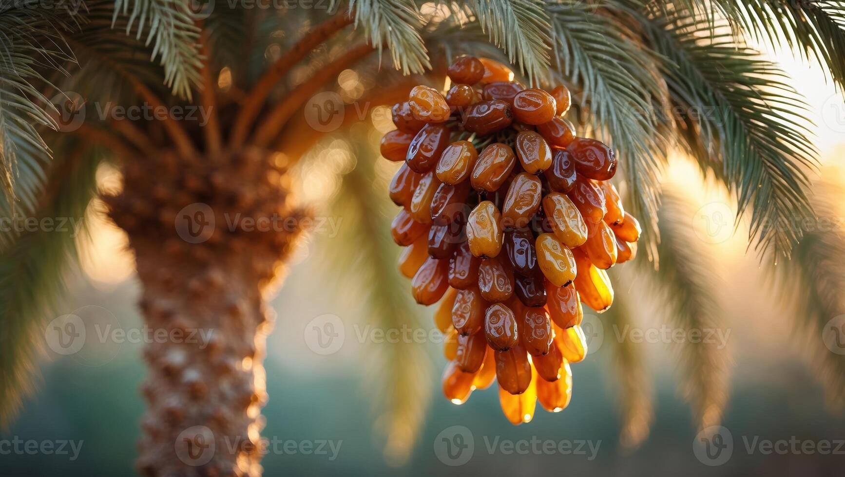 Fresh dates hanging from a palm tree at sunset in a desert landscape creating a warm, inviting atmosphere photo