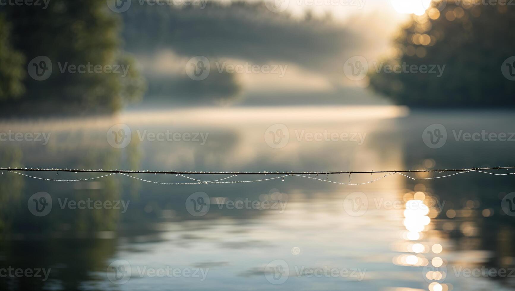 Dew drops glisten on a spider web above a tranquil lake at dawn surrounded by misty trees photo