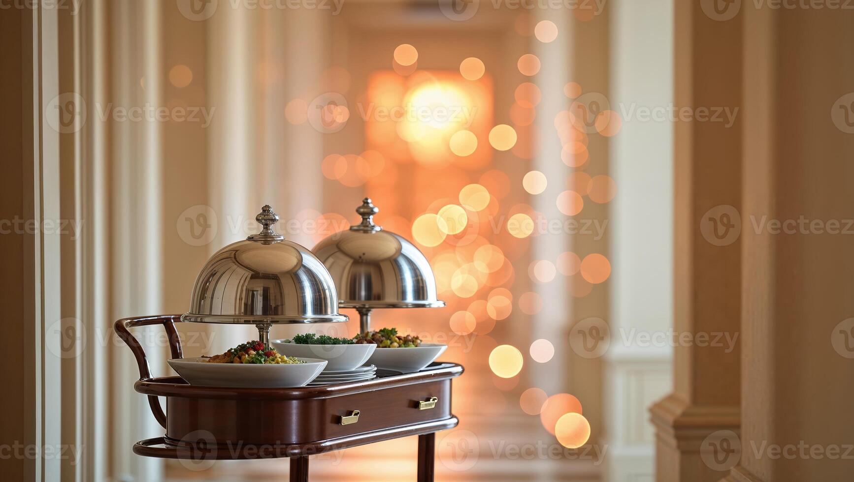 Elegant food display on a cart in a luxurious hallway with soft lighting during an evening event photo