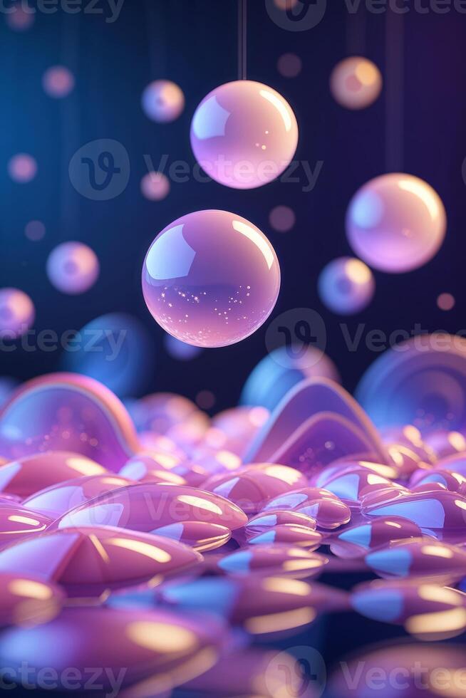 Colorful orbs float above a reflective surface creating a serene and vibrant atmosphere photo