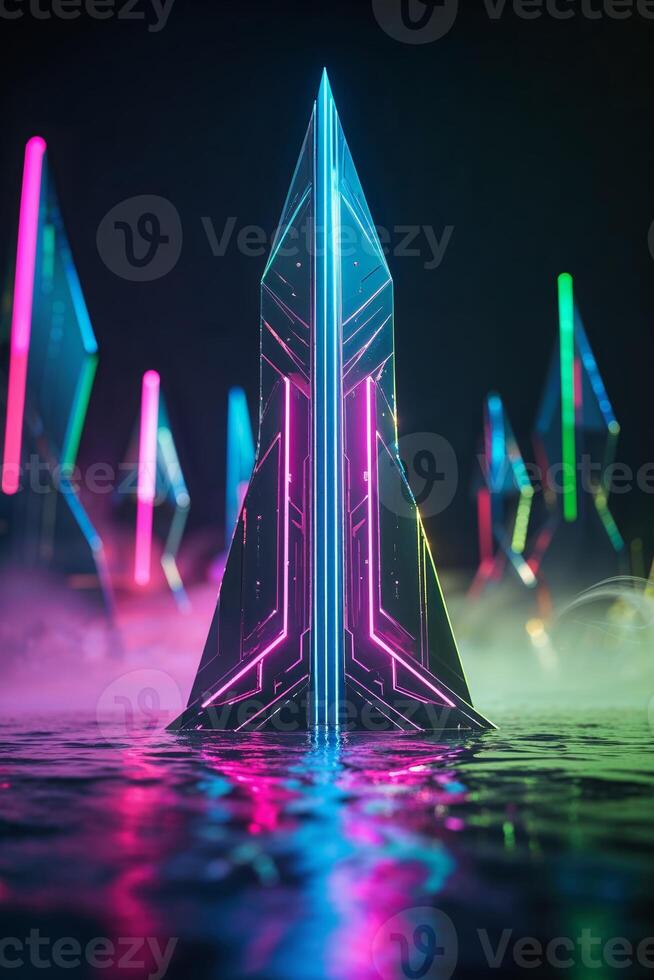 Colorful neon pyramids reflect in water at night in a futuristic setting with mist and vibrant lights illuminating the surroundings photo