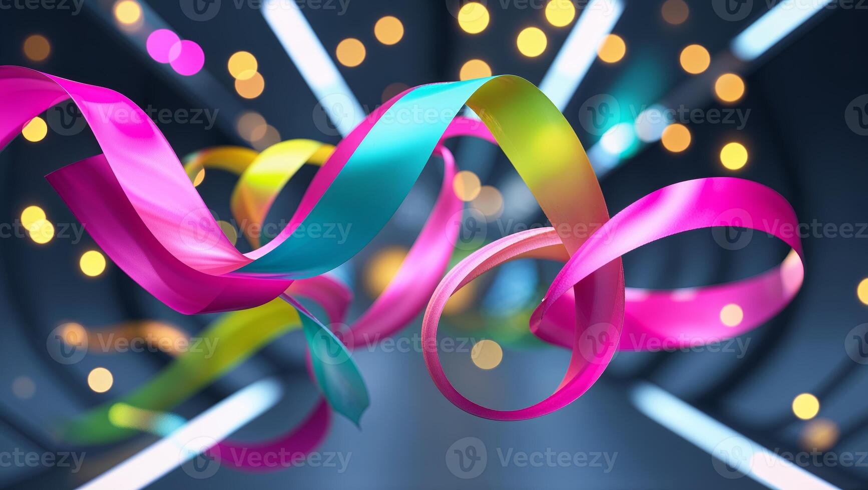 Colorful ribbons in motion create a festive atmosphere with soft lights and vibrant hues photo