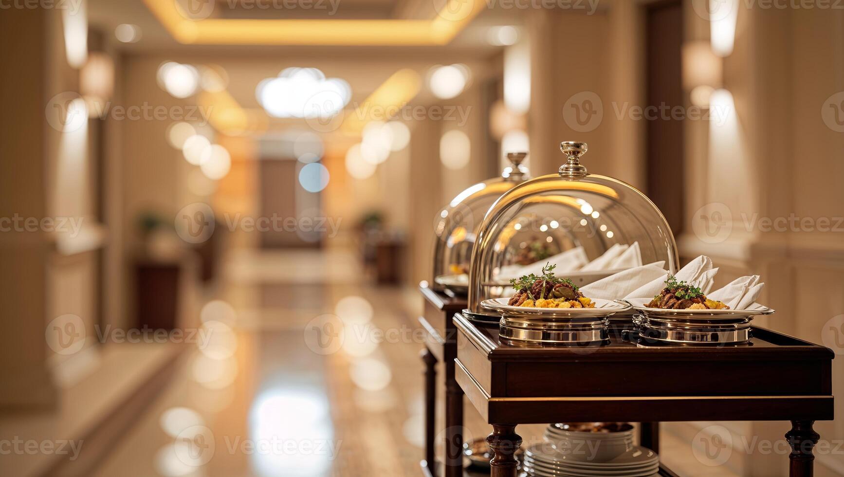 Elegant food presentation on a serving cart in a luxurious hotel hallway during an evening event photo
