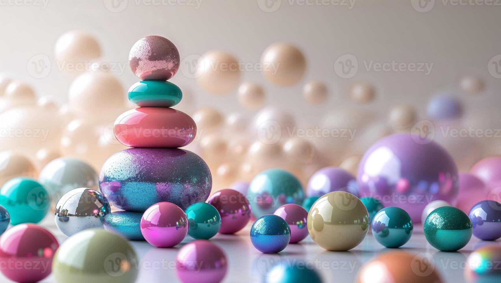 Colorful glass spheres and shapes arranged in a playful display in a soft-lit environment photo