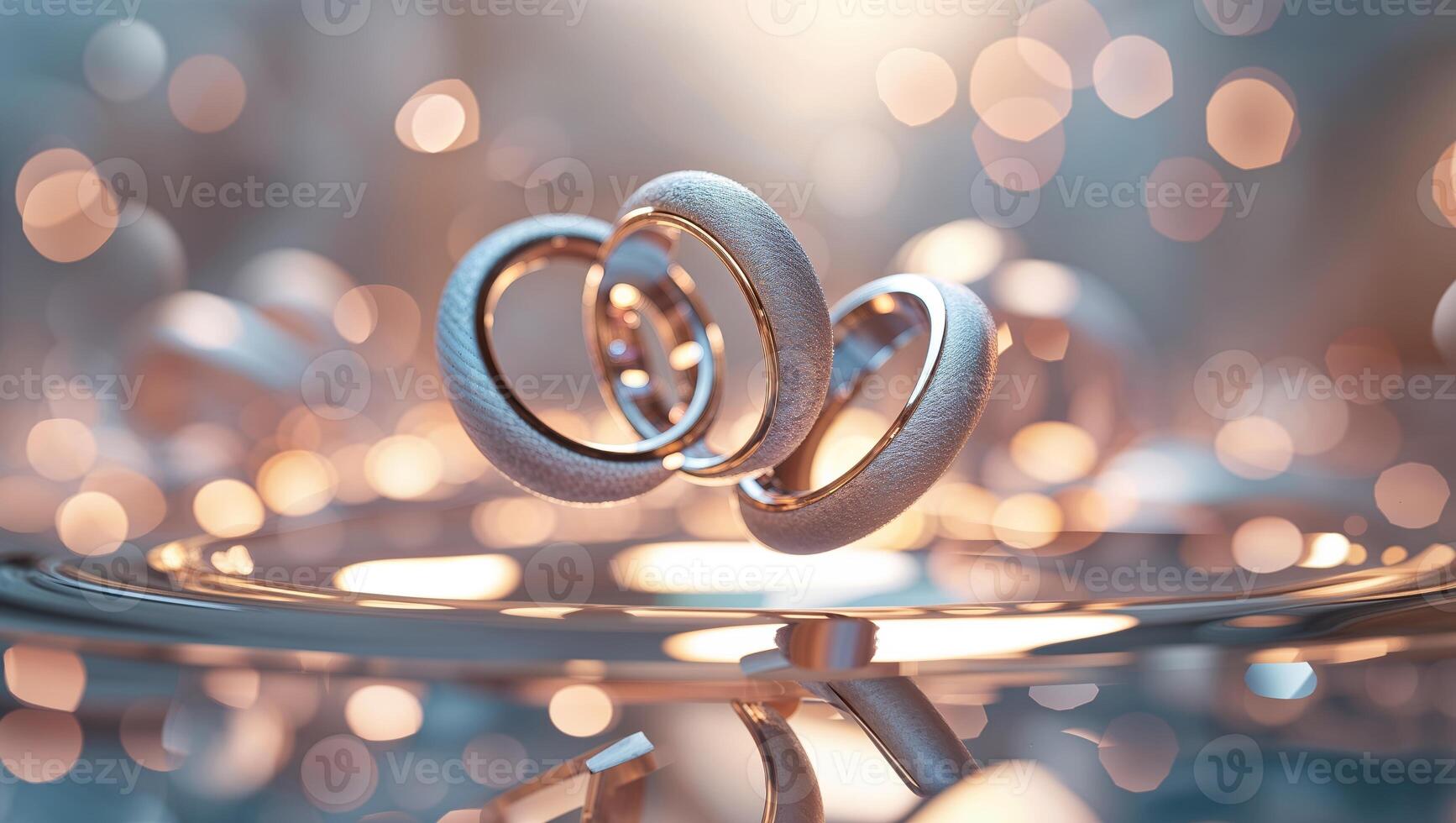 Silver wedding rings reflected in shimmering lights create an elegant display showcasing unity and love photo