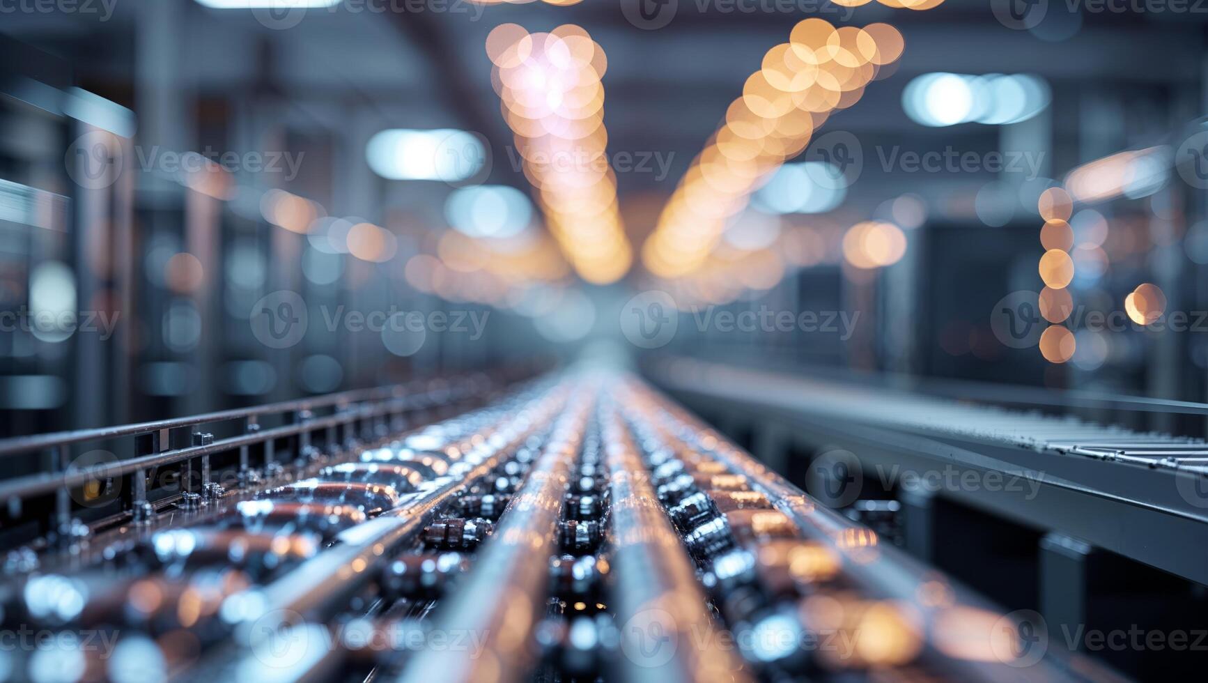 Industrial production line with glass bottles illuminated by blurred lights during the evening hours photo