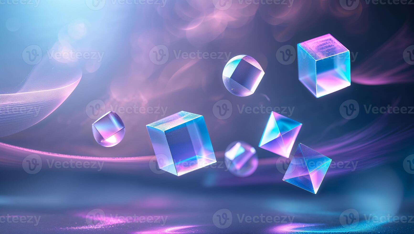 Colorful glass shapes floating above a shimmering surface in a dreamlike setting with radiant hues photo
