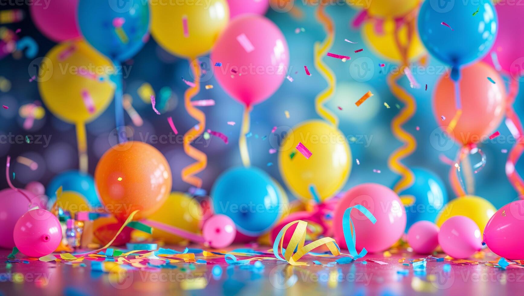 Brightly colored balloons and confetti scattered at a joyful party celebration event photo