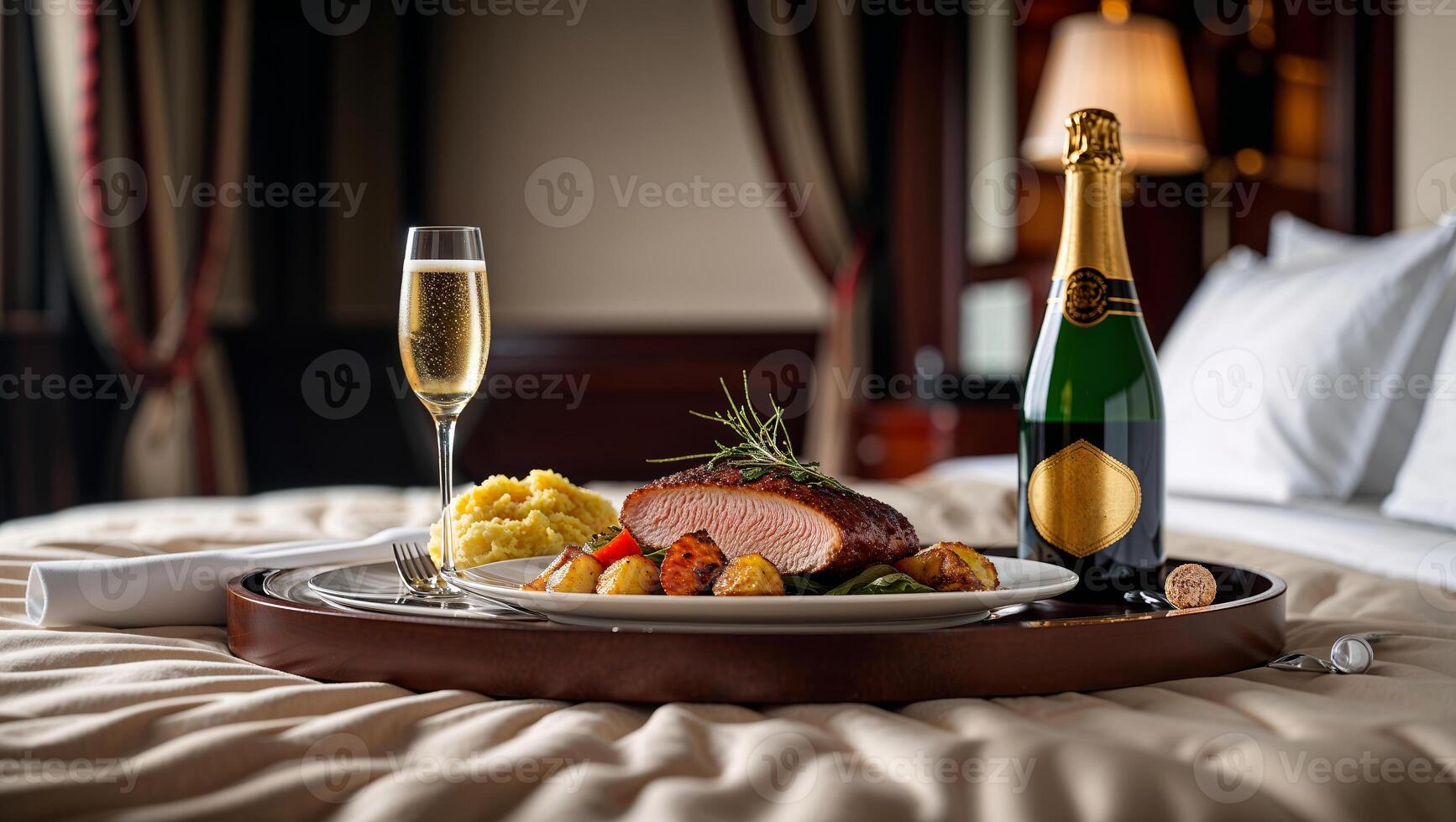 Luxurious dining experience with gourmet meal, champagne, and elegant presentation in a plush hotel suite photo