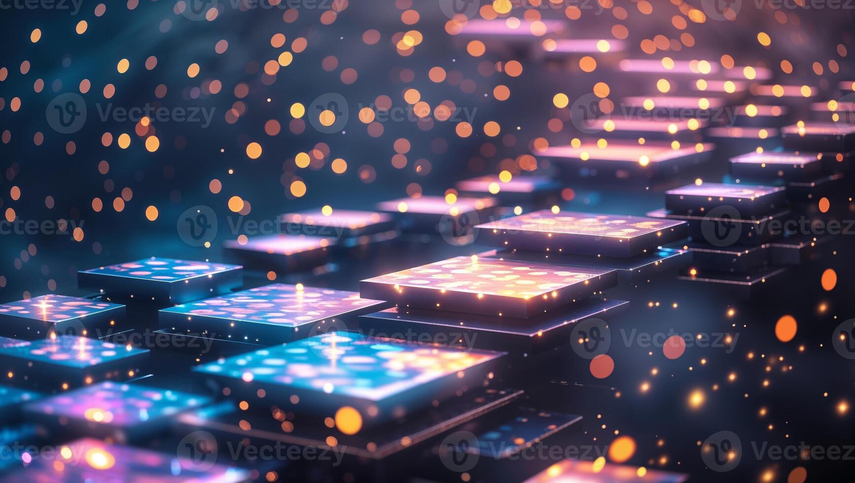 Colorful abstract patterns with glowing squares and bokeh lights at night photo
