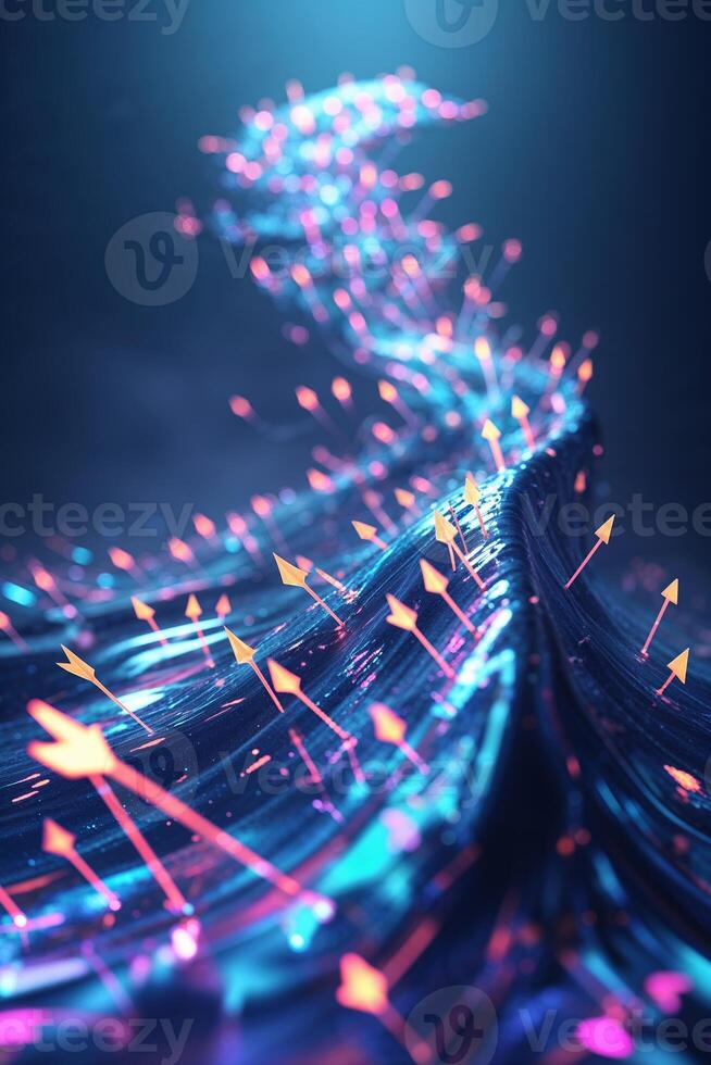 Dynamic flow of colorful particles creating a vibrant abstract wave in a digital environment photo