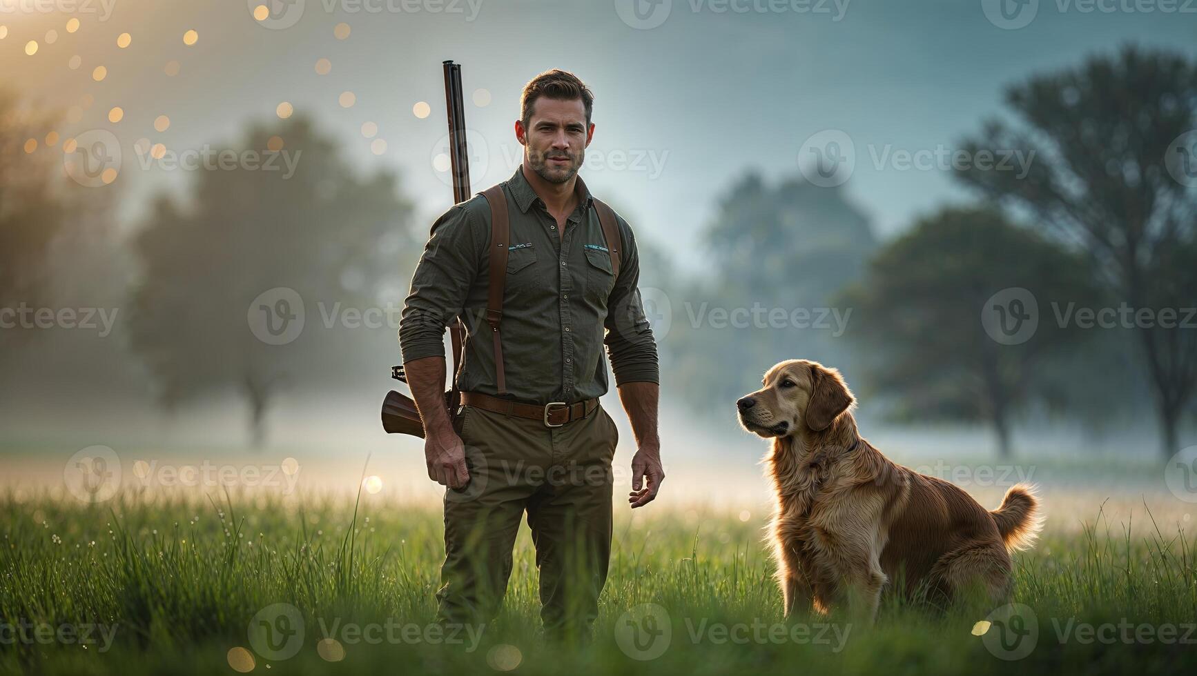 Hunter stands confidently in a lush green field with loyal dog at sunrise in a serene natural landscape photo