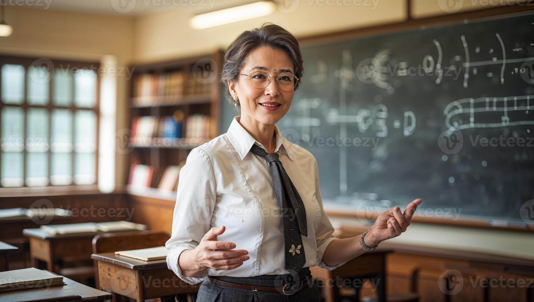 Engaging teacher explains concepts in a classroom filled with books and chalkboard formulas during a school day photo