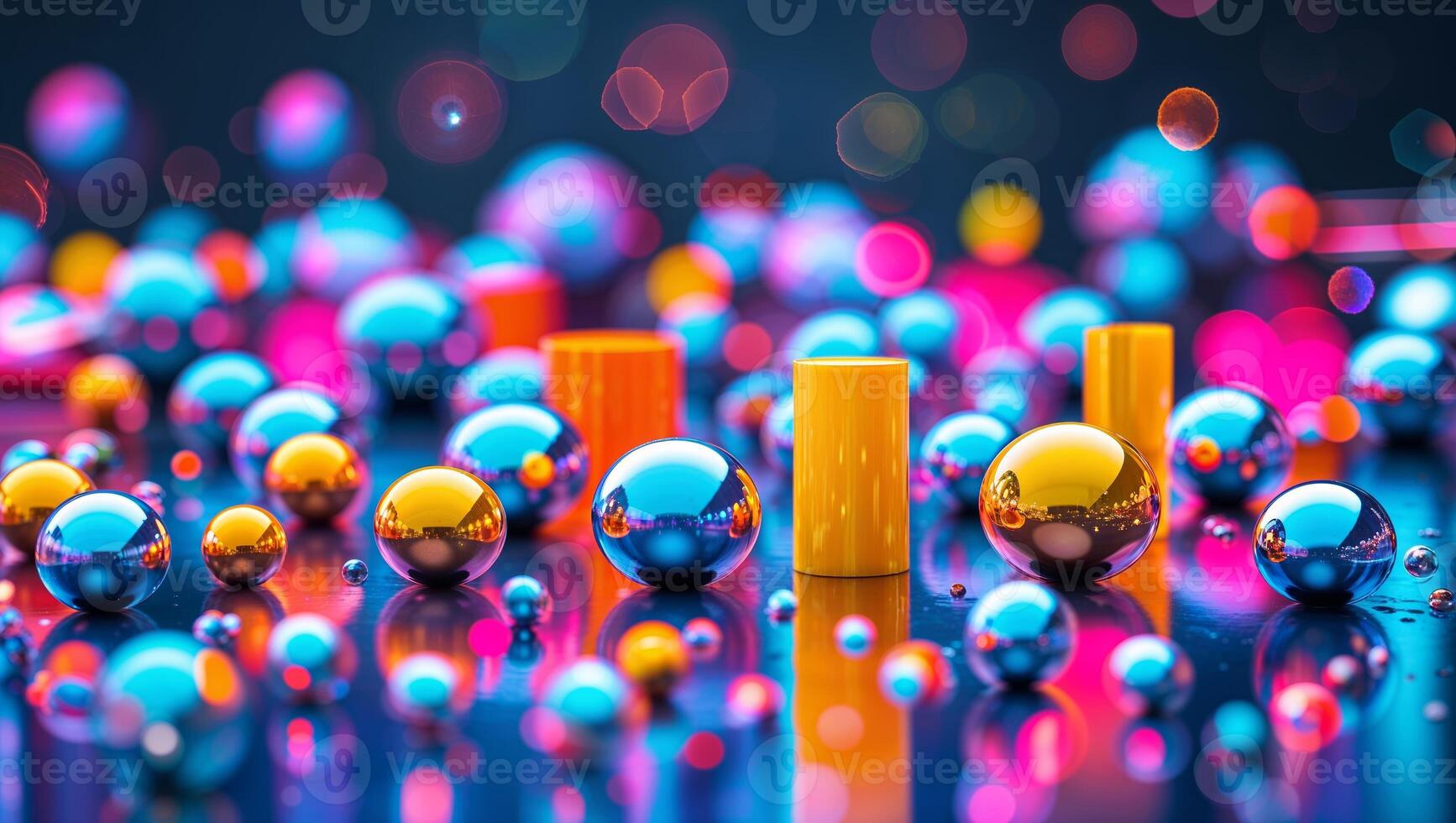 Playful arrangement of colorful spheres and cylinders in vibrant hues creating a lively abstract composition photo