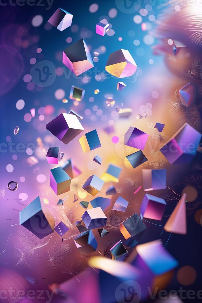 Floating geometric shapes in vibrant colors create a surreal digital abstract composition photo