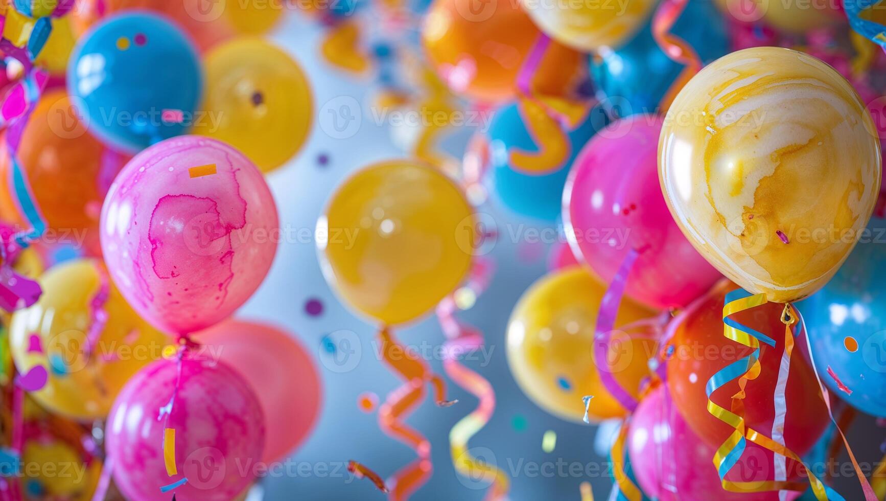 Colorful balloons and streamers create a festive atmosphere for celebrations or parties in a bright setting photo
